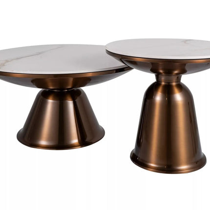 Set 2 masute cafea VERA, alb cu efect de marmura/cupru, ceramica/metal