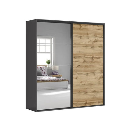Dressing FLEX, gri grafit/stejar wotan, PAL, cu 2 usi si oglinda, 220x66x240 cm
