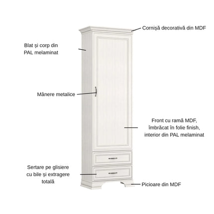 Dulap TIFFANY II, crem, PAL laminat, cu o usa si 2 sertare, 69x40x212 cm