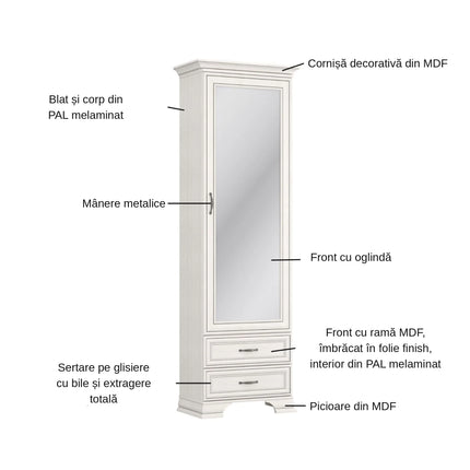 Dulap TIFFANY II, crem, PAL laminat, cu o usa si 2 sertare, cu oglinda, 69x40x212 cm