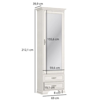 Dulap TIFFANY II, crem, PAL laminat, cu o usa si 2 sertare, cu oglinda, 69x40x212 cm