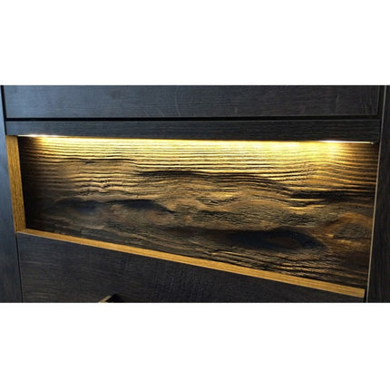 Comoda INDIANAPOLIS I6, frasin inchis, PAL laminat, cu 2 sertare, 2 usi si iluminare led, 76x42x127 cm