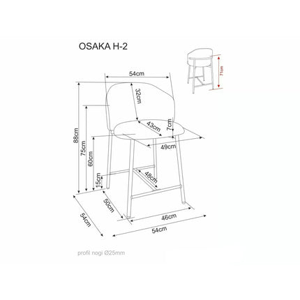 Scaun bar OSAKA H-2, gri/negru, stofă/metal, 54x43x88 cm