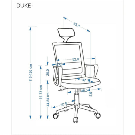 Scaun birou DUKE, negru, stofa/plasa, 52x65x116/126 cm