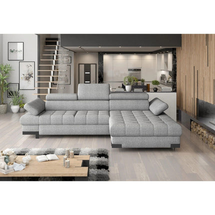 Coltar extensibil SELVA MINI, sezlong dreapta, stofa clasica gri inchis - Austin 19, cu lada depozitare si tetiere reglabile, 270x173x95 cm