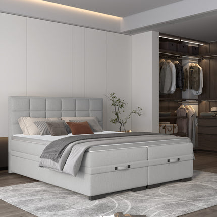 Pat boxspring SEMENO 140x200, personalizabil, cu saltele, spatiu depozitare si topper