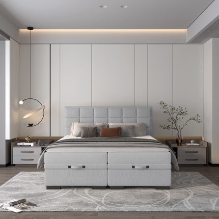 Pat boxspring SEMENO 140x200, personalizabil, cu saltele, spatiu depozitare si topper