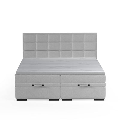 Pat boxspring SEMENO 140x200, personalizabil, cu saltele, spatiu depozitare si topper