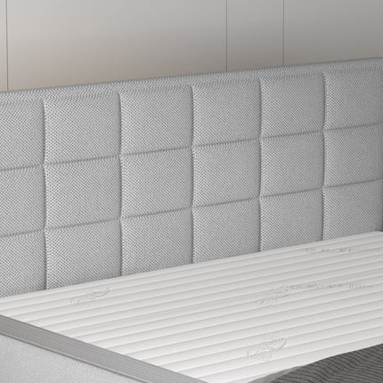 Pat boxspring SEMENO 140x200, personalizabil, cu saltele, spatiu depozitare si topper