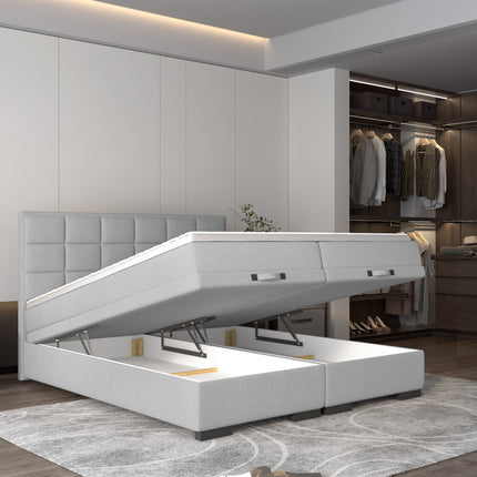 Pat boxspring SEMENO 160x200, personalizabil, cu saltele, spatiu depozitare si topper