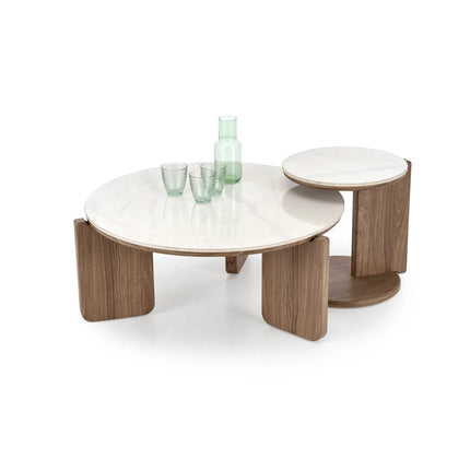 Set 2 masute cafea DIUNA, alb cu efect de marmura/nuc
