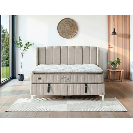 Set pat cu saltea ALEGRA 160x200, stofa bej, cu somiera, spatiu depozitare