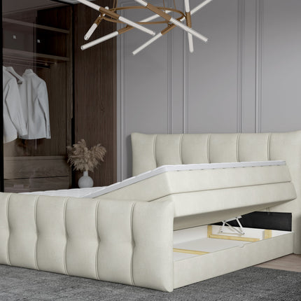 Pat boxspring SOFIA 160x200, personalizabil, cu saltele, topper si lada pentru depozitare
