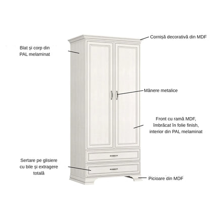Dulap TIFFANY II, crem, PAL laminat, cu 2 usi si 2 sertare, 99x62x212 cm