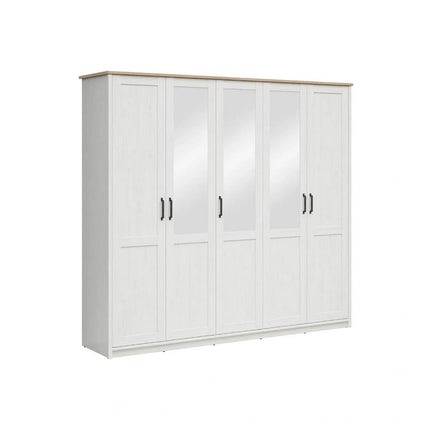 Dressing LOKSA, pin alb/stejar grandson, PAL laminat, cu 5 usi, 241x58x220 cm