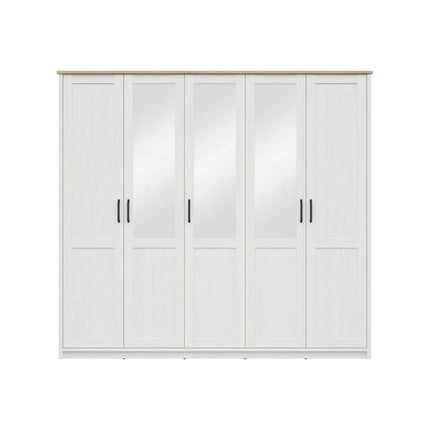 Dressing LOKSA, pin alb/stejar grandson, PAL laminat, cu 5 usi, 241x58x220 cm