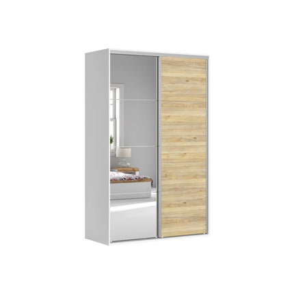 Dulap FLEX, alb/stejar, PAL, cu 2 usi si oglinda, 150x66x240 cm