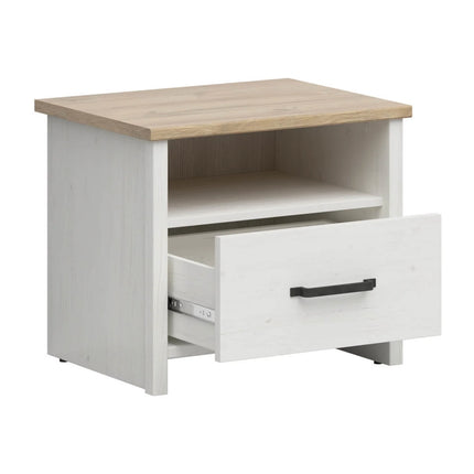 Noptiera LOKSA, pin alb/stejar grandson, PAL, 55x43x48 cm