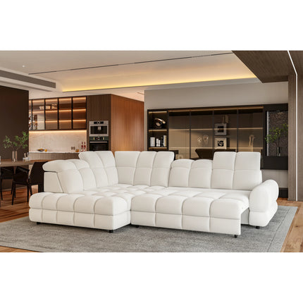 Coltar extensibil TOLLO L, sezlong stanga, stofa catifelata crem deschis - Shanghai 01, cu lada depozitare si reglaj electric, 302x220x106 cm