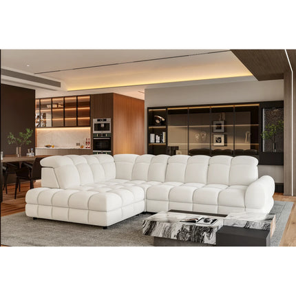 Coltar extensibil TOLLO L, sezlong stanga, stofa catifelata crem deschis - Shanghai 01, cu lada depozitare si reglaj electric, 302x220x106 cm