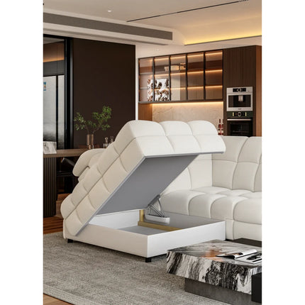 Coltar extensibil TOLLO L, sezlong stanga, stofa buclata alb - Bubble 01, Gama Premium, cu lada depozitare si reglaj electric, 302x220x106 cm