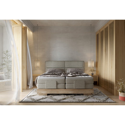 Pat boxspring VALSEN 140, personalizabil, din lemn masiv cu mecanism electric si doua saltele Pocket + topper