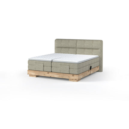 Pat boxspring VALSEN 140, personalizabil, din lemn masiv cu mecanism electric si doua saltele Pocket + topper