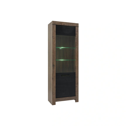 Vitrina BALIN, stejar/negru, PAL/sticla, cu iluminare LED, 68x40x197 cm