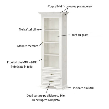 Vitrina IRYS, pin alb anderson, PAL laminat, 70x43x198 cm