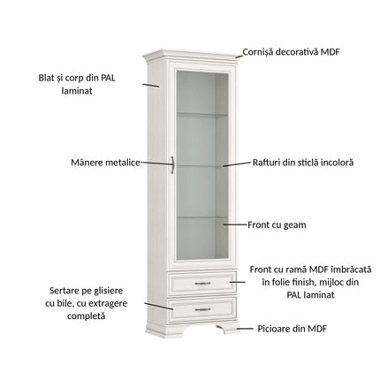 Vitrina TIFFANY II, crem, PAL laminat, 69x40x212 cm