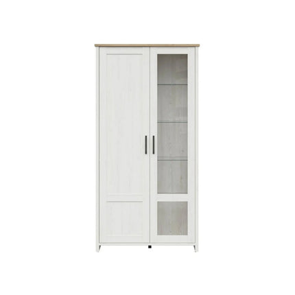 Vitrina LOKSA, pin alb/stejar grandson, PAL laminat, cu iluminare LED, 102x43x201 cm