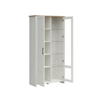 Vitrina LOKSA, pin alb/stejar grandson, PAL laminat, cu iluminare LED, 102x43x201 cm