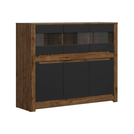 Vitrina RUSO, stejar/negru mat, PAL/sticla, 149x46x121 cm