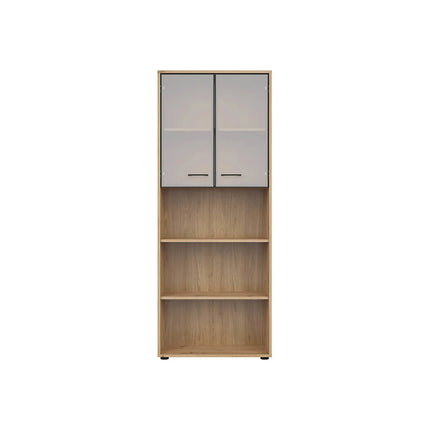 Vitrina SPACE OFFICE, stejar artisan/negru fumuriu, PAL laminat/sticla, cu 2 usi si 3 rafturi, 80x38x203 cm