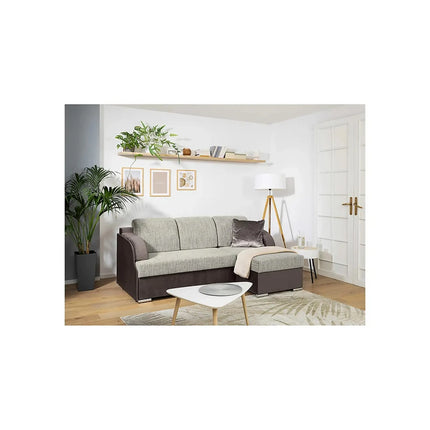 Coltar extensibil MERIN, universal, stofa catifelata maro/gri, cu lada depozitare, 205x138x89 cm