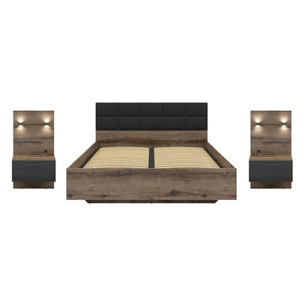 Pat KASSEL 160x200, nuc/negru, PAL/piele ecologica, cu somiera, spatiu depozitare, iluminare LED si 2 noptiere integrate