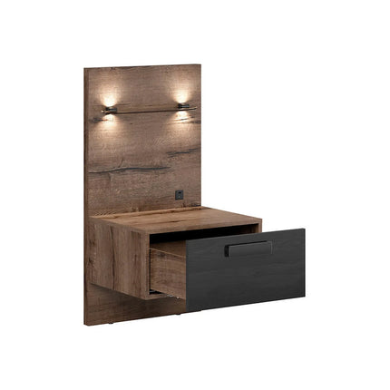 Pat KASSEL 160x200, nuc/negru, PAL/piele ecologica, cu somiera, spatiu depozitare, iluminare LED si 2 noptiere integrate