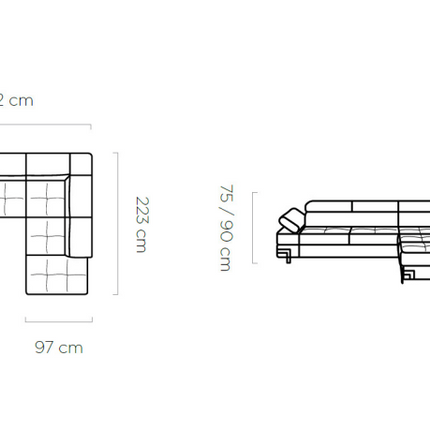 Coltar EMPORIO L, personalizabil materiale gama Premium, 262x223x75/90 cm, extensibil, lada depozitare, tetiere reglabile