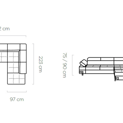 Coltar EMPORIO L, personalizabil, 262x223x75/90 cm, extensibil, lada depozitare, tetiere reglabile