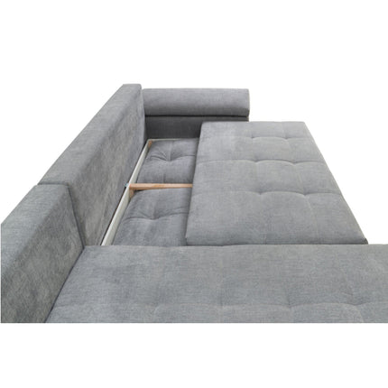 Coltar extensibil EVEREST, personalizabil, lada depozitare, 3 perne decorative, 308x213x90 cm