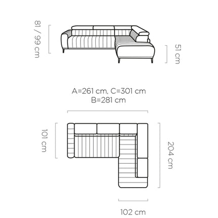 Coltar GANDI 140 extensibil, personalizabil, 281x204x99 cm, lada depozitare, tetiere reglabile