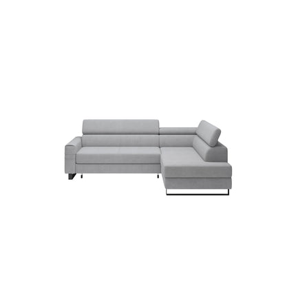 Coltar LIVIO, sezlong dreapta, stofa catifelata cappuccino - Palladium 04, 249x184x90 cm, extensibil, lada depozitare, tetiere reglabile