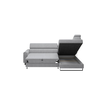 Coltar LIVIO, sezlong dreapta, stofa catifelata cappuccino - Palladium 04, 249x184x90 cm, extensibil, lada depozitare, tetiere reglabile