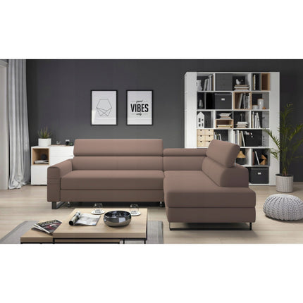 Coltar LIVIO, sezlong dreapta, stofa catifelata cappuccino - Palladium 04, 249x184x90 cm, extensibil, lada depozitare, tetiere reglabile