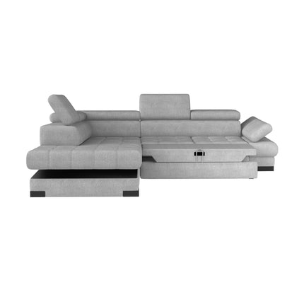 Coltar SELVA L, sezlong stanga, stofa catifelata albastra - Palladium 14, 263x97/223x75/95 cm, extensibil, lada depozitare, tetiere reglabile