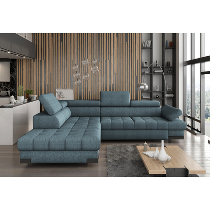 Coltar SELVA L, sezlong stanga, stofa catifelata albastra - Palladium 14, 263x97/223x75/95 cm, extensibil, lada depozitare, tetiere reglabile