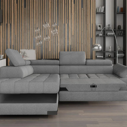 Coltar SELVA L, sezlong dreapta, stofa gri - Austin 19, 263x97/223x75/95 cm, extensibil, lada depozitare, tetiere reglabile