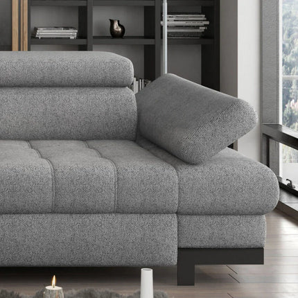 Coltar SELVA L, sezlong dreapta, stofa gri - Austin 19, 263x97/223x75/95 cm, extensibil, lada depozitare, tetiere reglabile