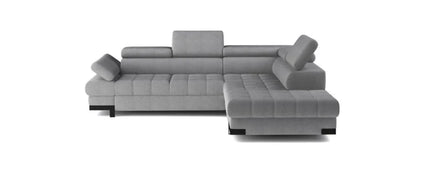 Coltar SELVA L, sezlong dreapta, stofa gri - Austin 19, 263x97/223x75/95 cm, extensibil, lada depozitare, tetiere reglabile