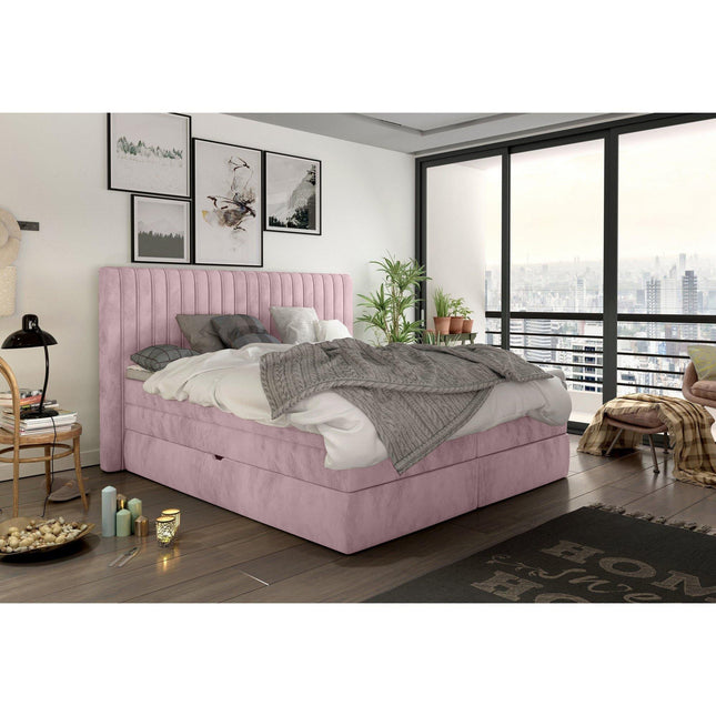 Pat MINOLA 160 boxspring, catifea roz - Riviera 62, cu saltele, topper 5 cm si 2 lazi pentru depozitare